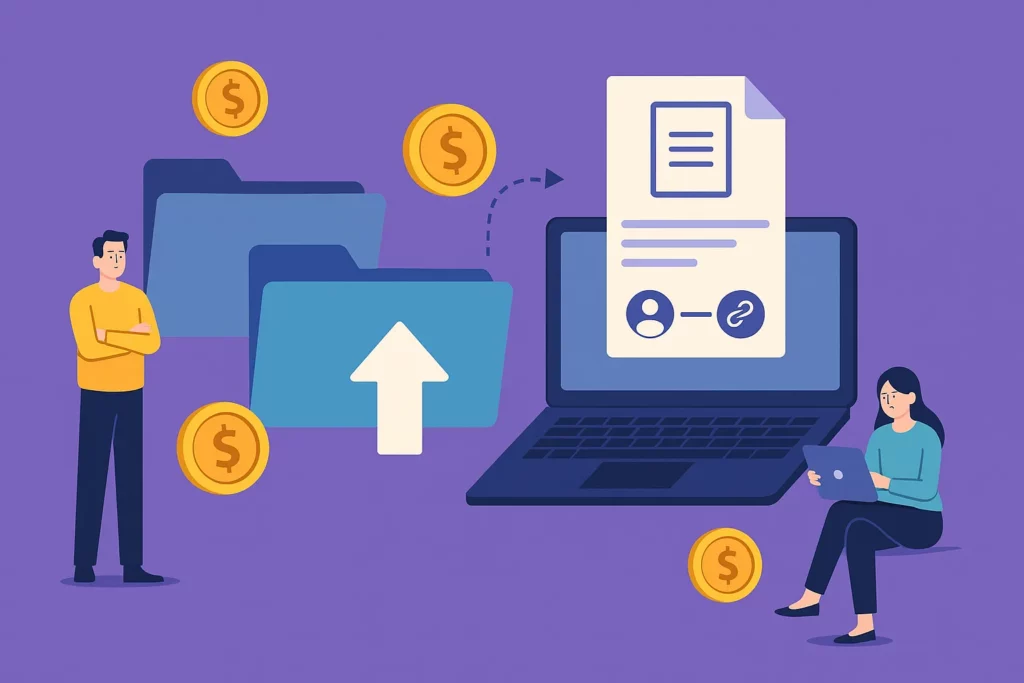 Colorful illustration with a laptop, file icons, dollar symbols, and two characters on a purple background, representing file sharing app development and costs