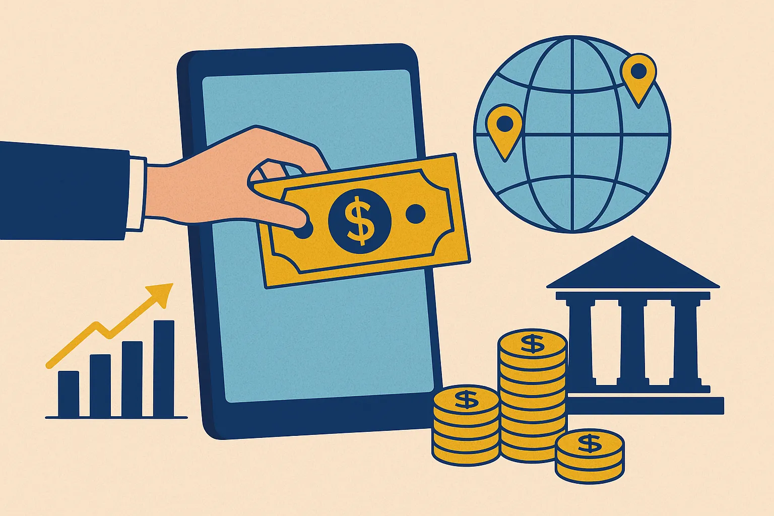 Fintech app development visual showing mobile payment, cash transfer, banking icon, global payment locations, coins, revenue growth chart, and digital finance services.