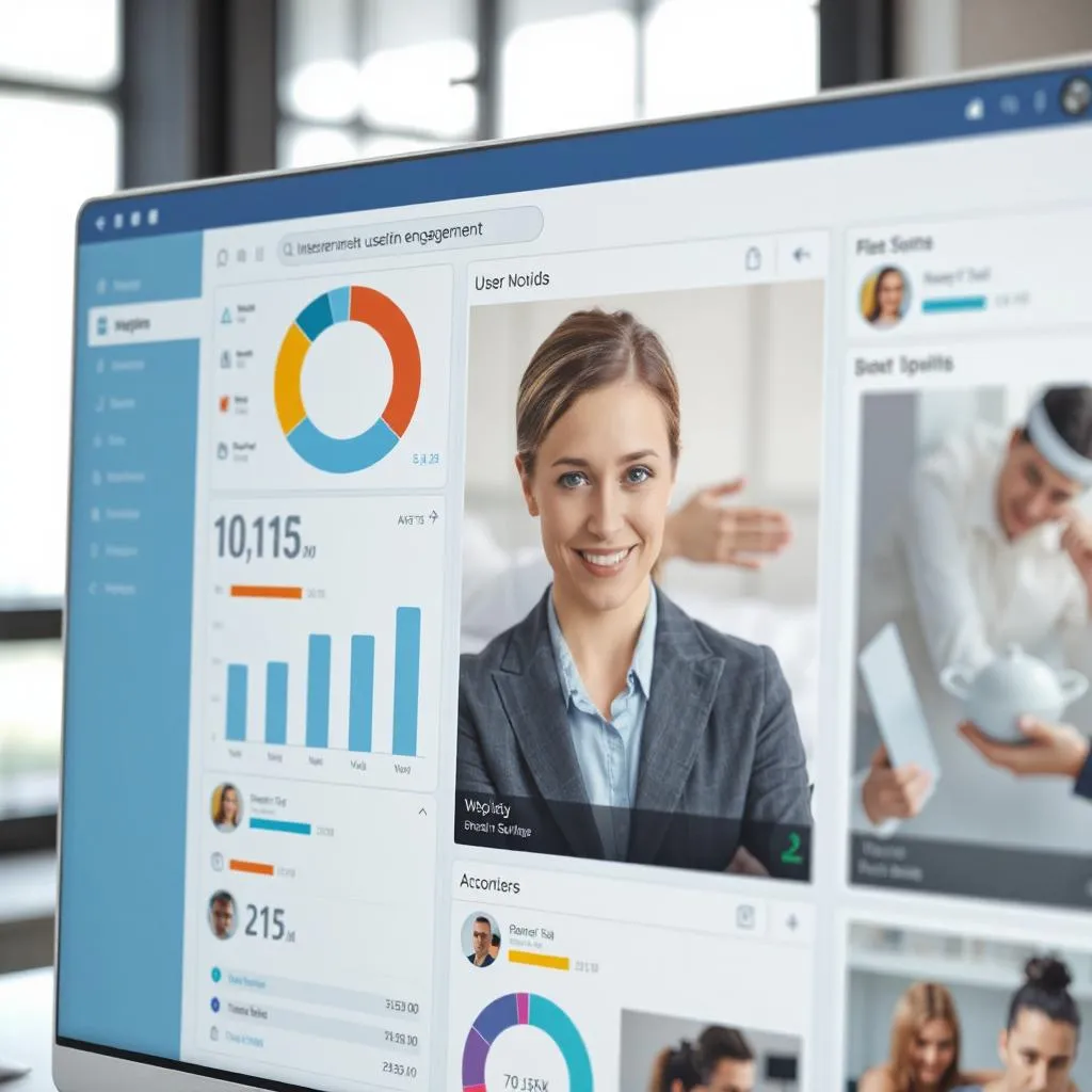 AI-generated dashboard illustration showing chatbot analytics and performance metrics, including user insights, conversation graphs, and a user avatar, set against a clean white interface with minimalistic design.