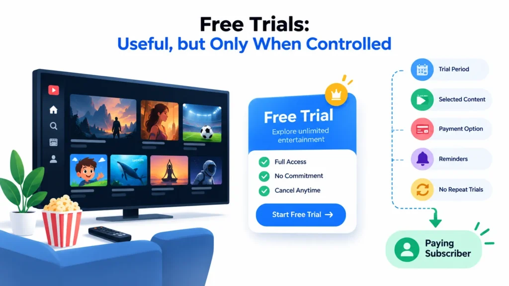 Free trials for OTT streaming platforms with controlled access, reminders, payment options, and trial limits