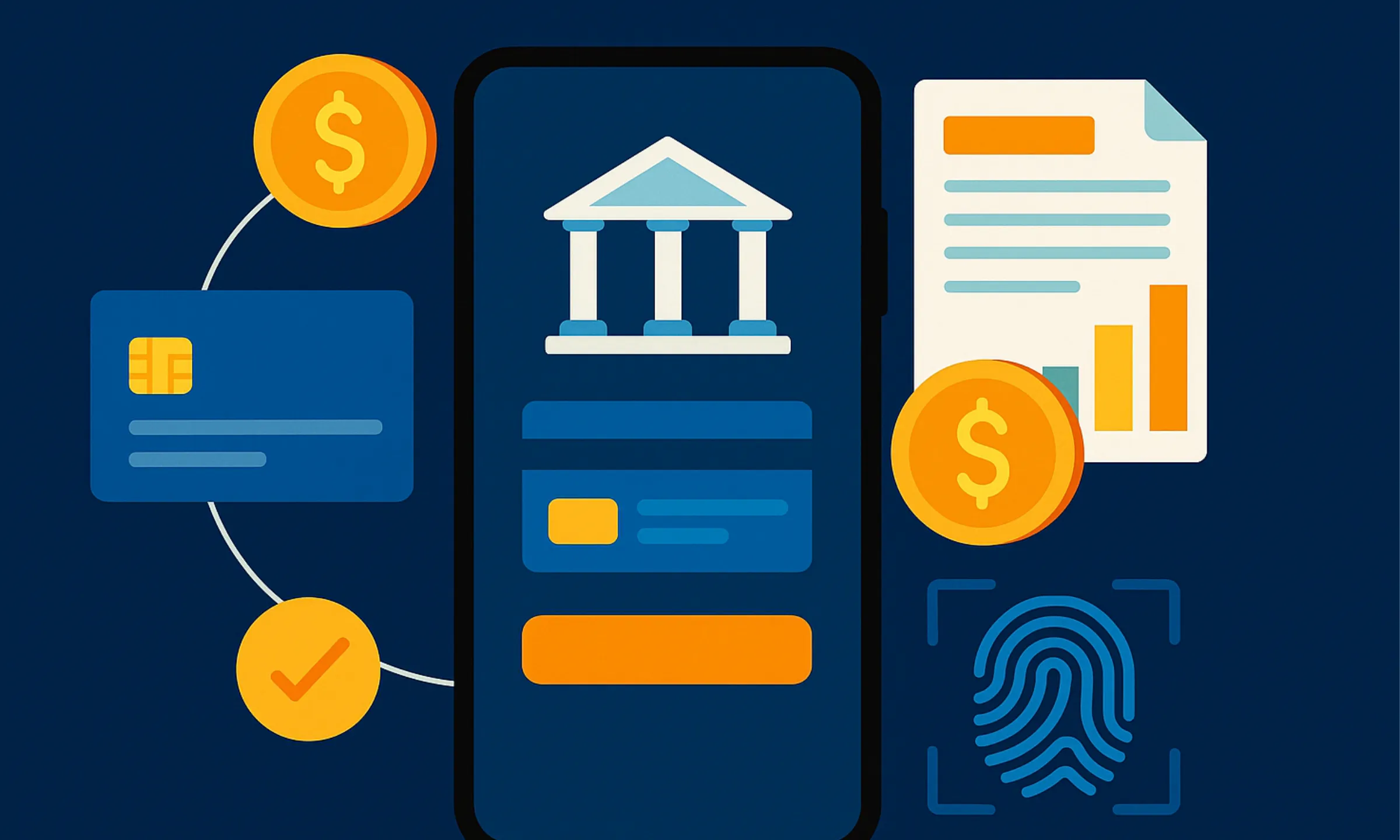 Illustration of digital banking app interface with credit card, biometric icon, and financial charts Title: Digital Banking App Interface and Features Illustration