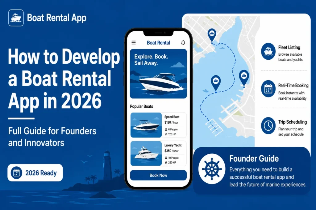 Boat rental app development visual showing fleet listings, real-time booking, trip scheduling, map-based boat locations, yacht rentals, and founder guide for 2026.