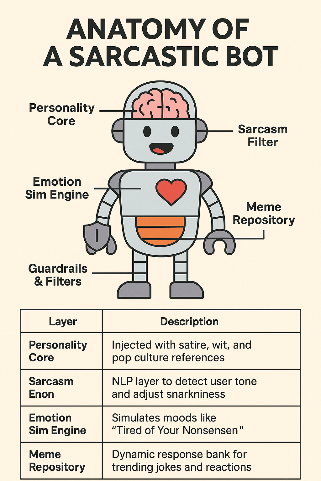 Infographic showing the anatomy of a sarcastic AI bot with labeled components like personality core, sarcasm filter, and meme repository.