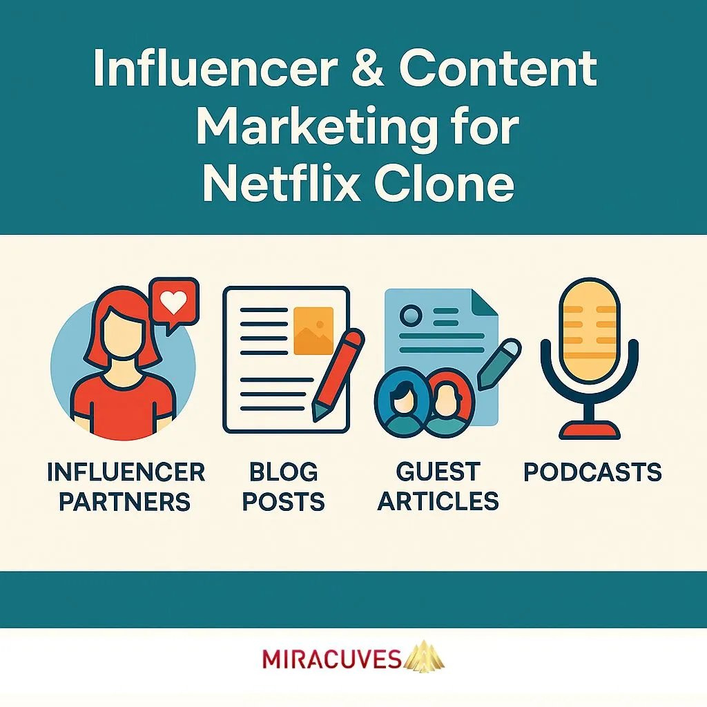 Netflix clone marketing ideas including influencer partners, blog content, guest articles, and podcasts