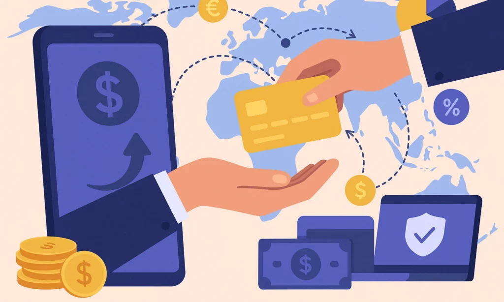 Digital illustration of global online money transfer with smartphone, world map, and currency icons