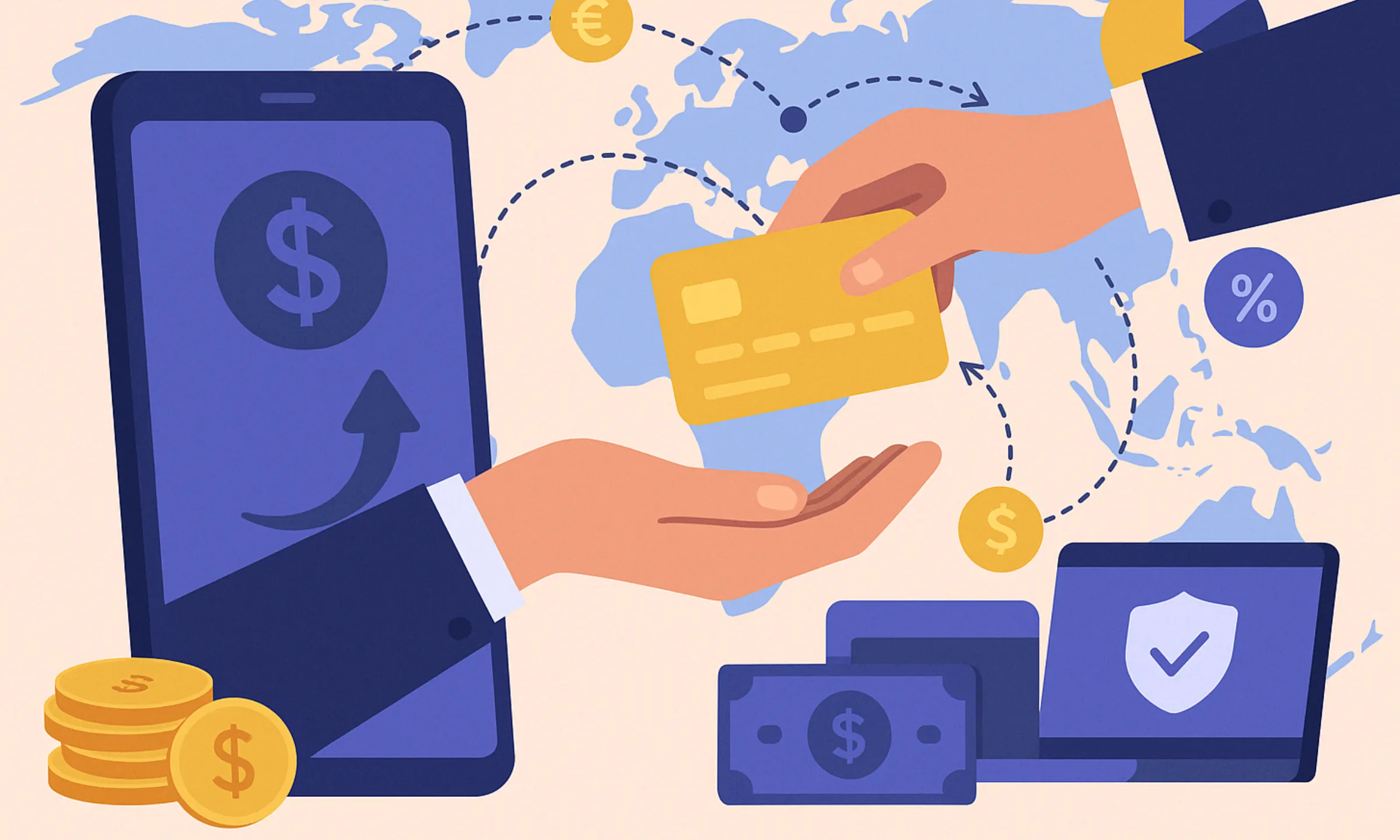 Digital illustration of global online money transfer with smartphone, world map, and currency icons