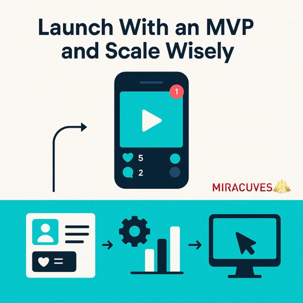 Infographic showing MVP app launch with core features and user-driven scaling