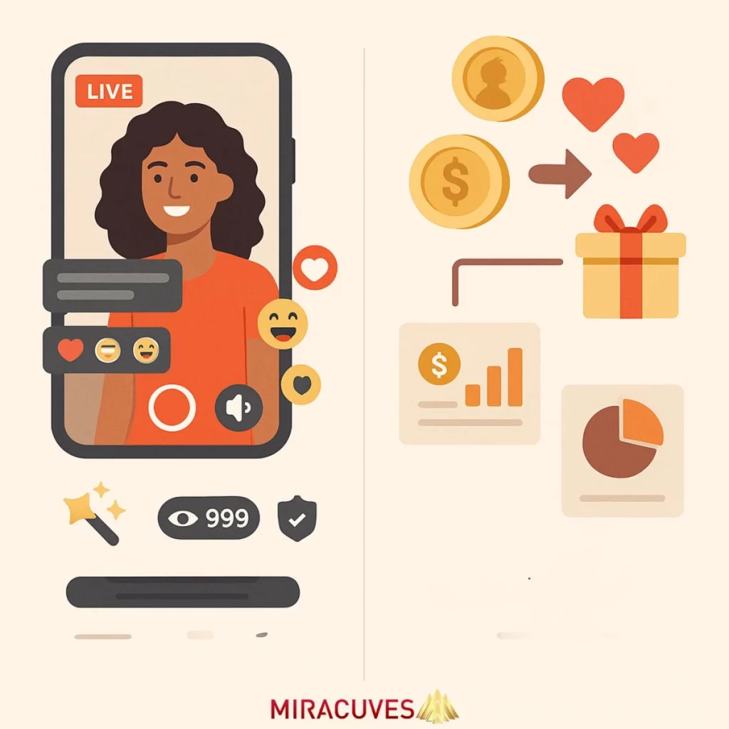 Infographic showing live streaming features and in-app monetization tools for short video apps