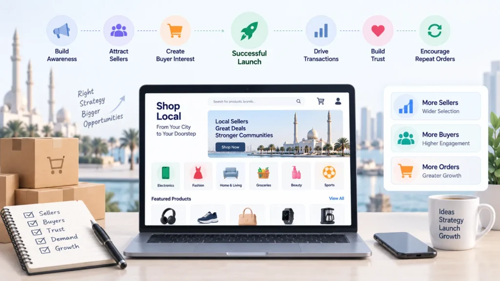 Marketing for regional ecommerce marketplace growth through awareness, seller acquisition, buyer interest, transactions, trust, and repeat orders.