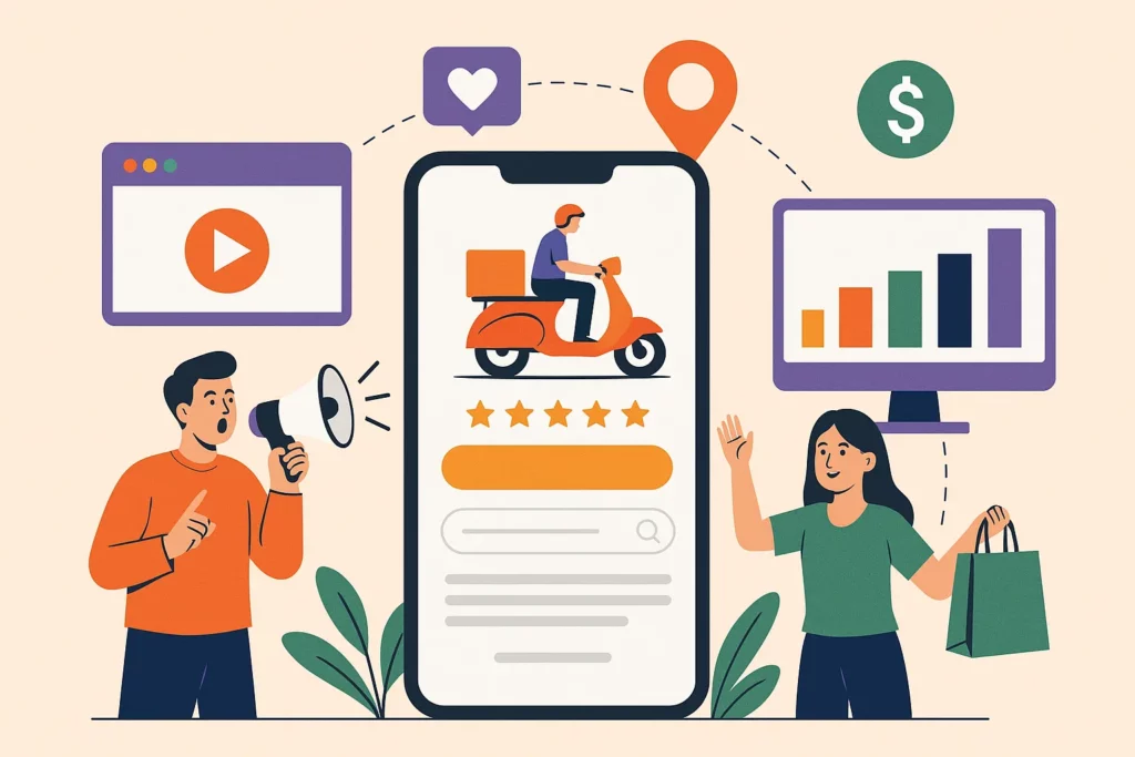 Feature image for a blog on marketing strategies for an on-demand hyperlocal delivery app, with characters using the app, delivery visuals, charts, and marketing symbols like a megaphone and location pin