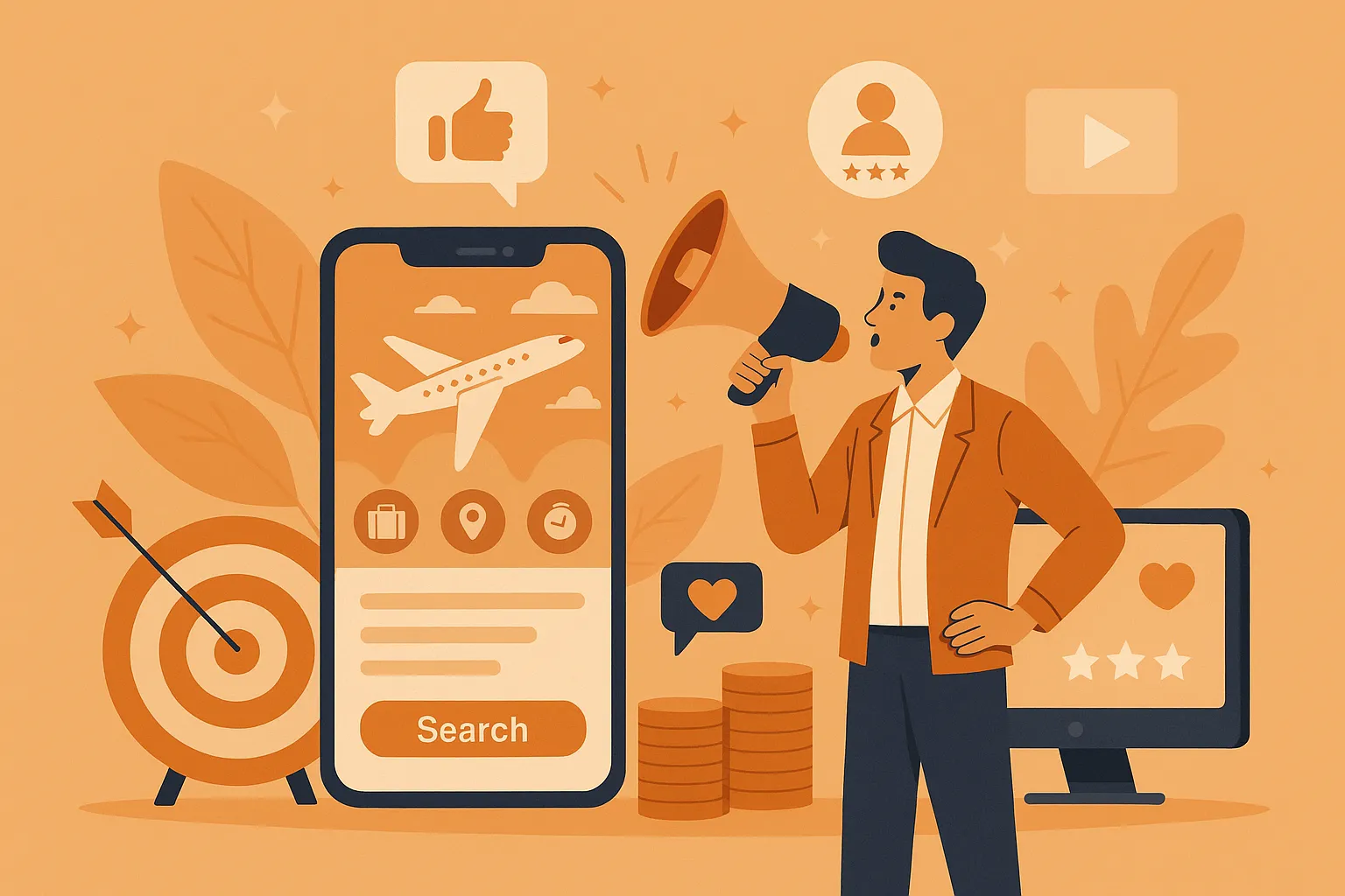 Flat-style illustration showing a man holding a megaphone in front of a smartphone displaying a travel app interface, with travel icons and digital marketing symbols like a target, engagement icons, and coins, representing marketing strategies for travel apps