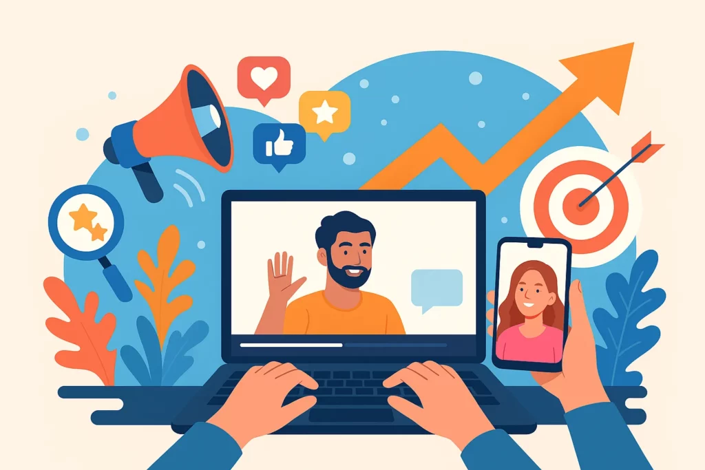 Illustration of a marketing strategy for a celebrity video messaging platform app, showing a laptop with a celebrity, smartphone, charts, social media icons, and a megaphone, symbolizing user engagement and digital marketing success