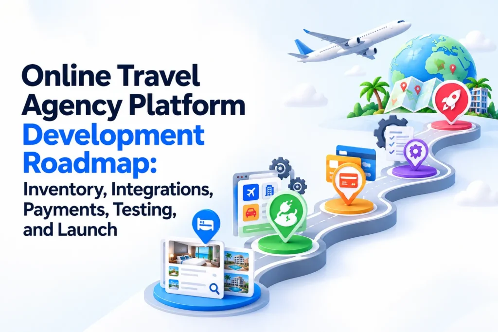 Online travel agency platform development roadmap covering inventory integrations payments testing and launch