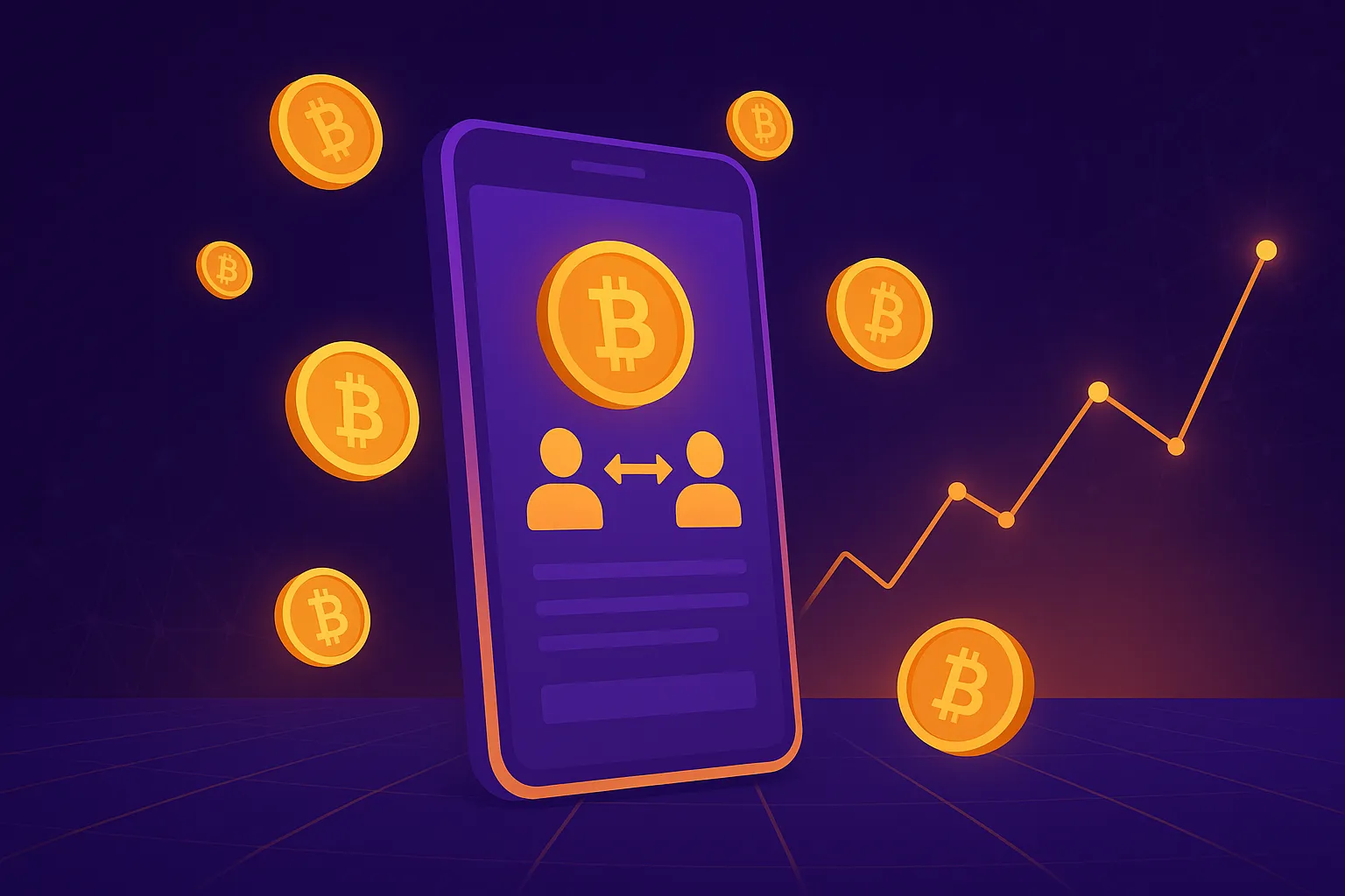 Feature image of a P2P crypto marketplace app on a glowing smartphone screen with golden Bitcoin coins, trading icons, and an upward graph, symbolizing trust-building and user engagement in crypto trading
