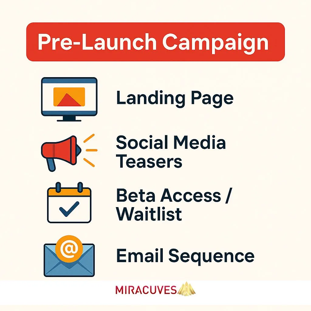 Pre-launch steps for Netflix clone including landing page, social media, beta access, and email