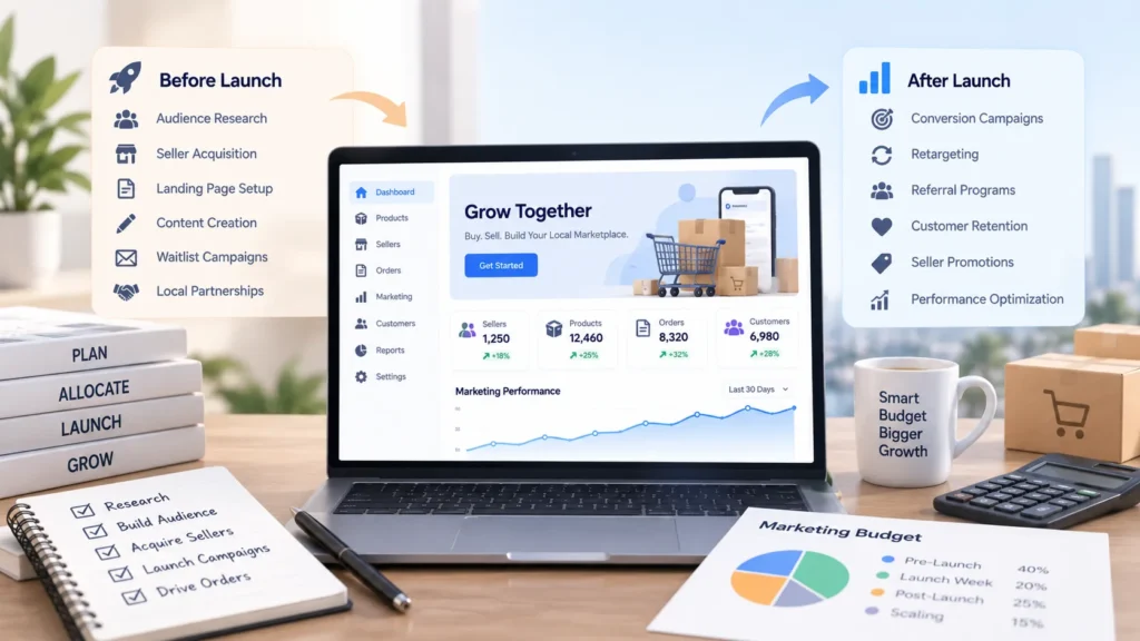 Marketing for regional ecommerce showing pre-launch and post-launch budget priorities for seller acquisition, campaigns, retention, and growth.