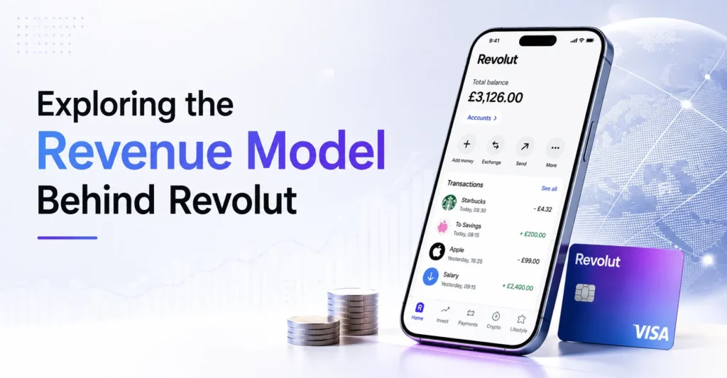 Exploring the revenue model behind Revolut with digital banking app, payment card, global finance network, and fintech growth concept