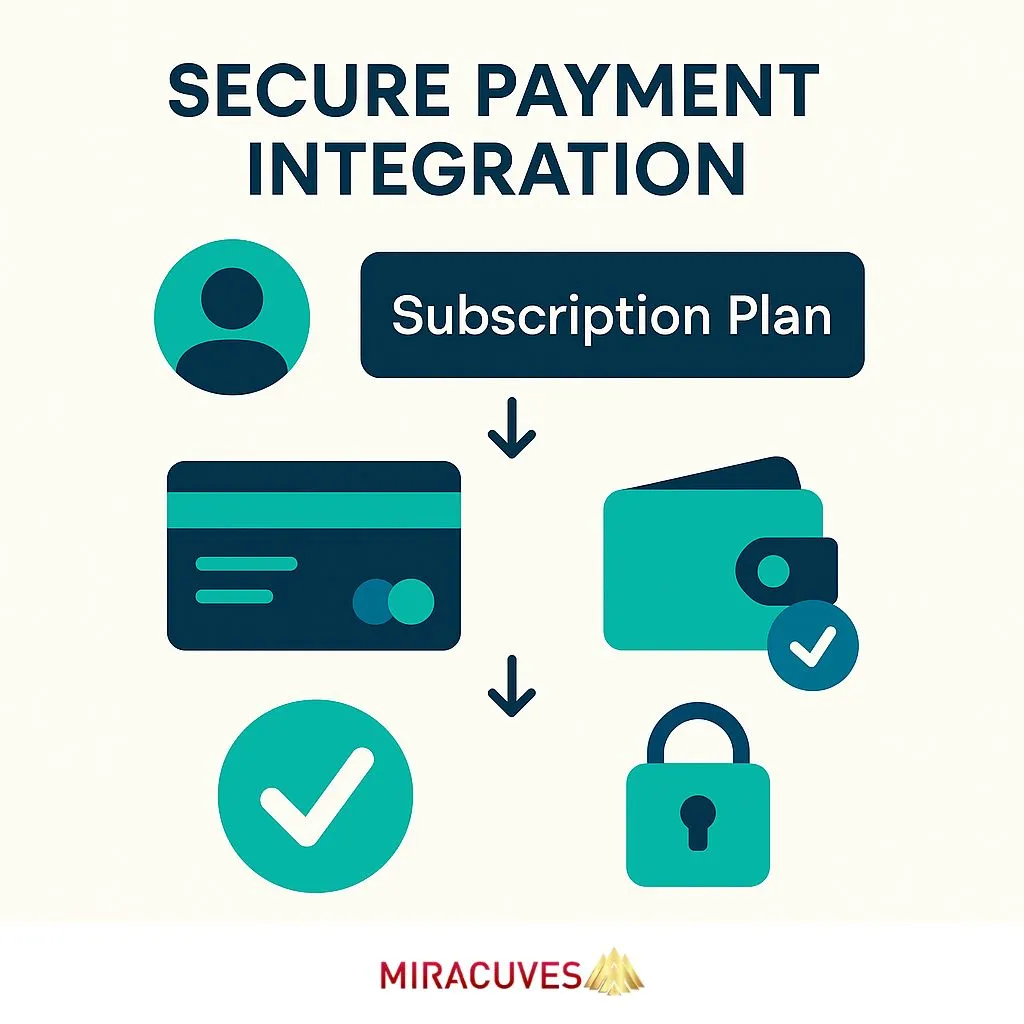 Visual of Netflix clone subscription payment process with card, wallet, and padlock icons