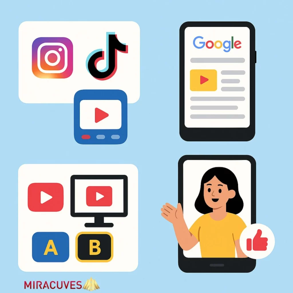 Icons and visuals representing Instagram, TikTok, Google Ads, YouTube, A/B testing, and creator retargeting