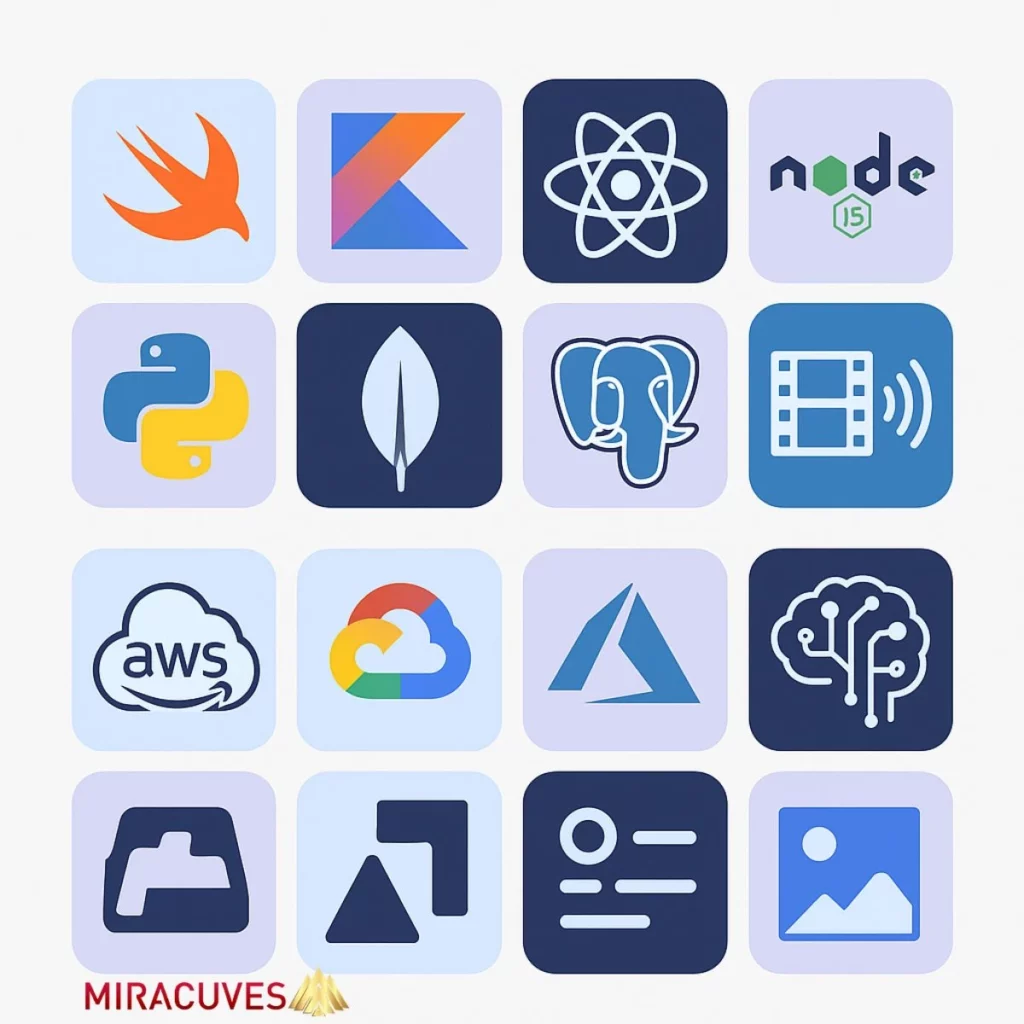 Infographic showing icons of frontend, backend, cloud, and AI tools for building a TikTok clone
