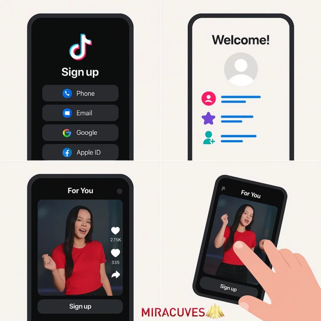 Infographic showing TikTok-like app onboarding with sign-up, profile setup, and guest mode