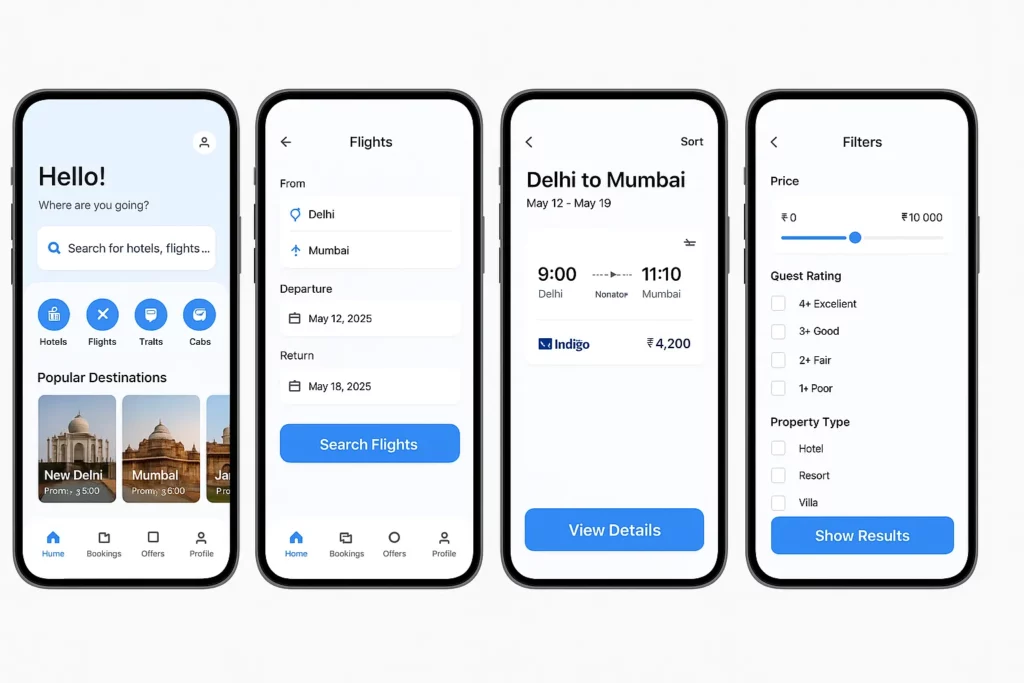 travel app ui mockups home booking filters