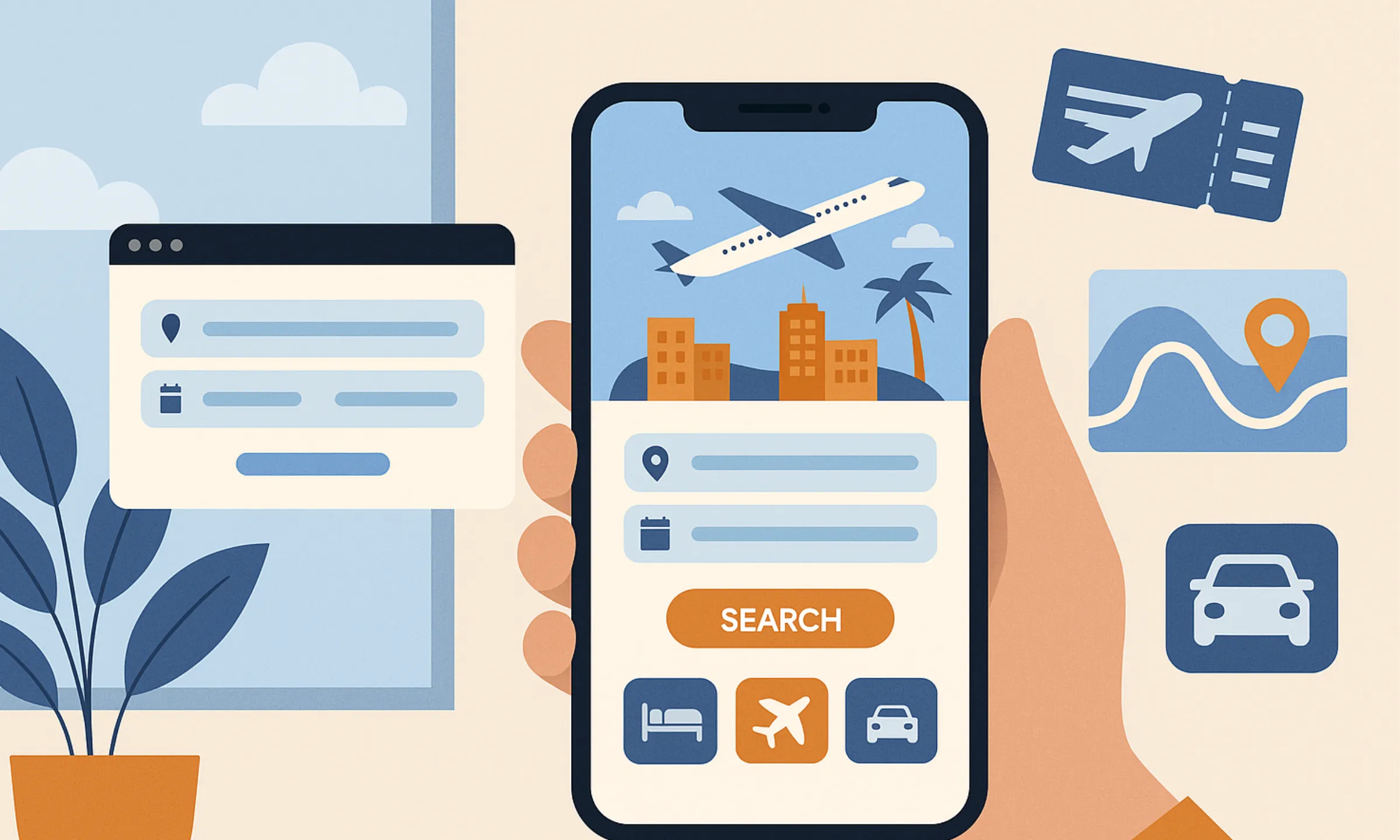 Illustration of a hand holding a smartphone with a travel booking app interface