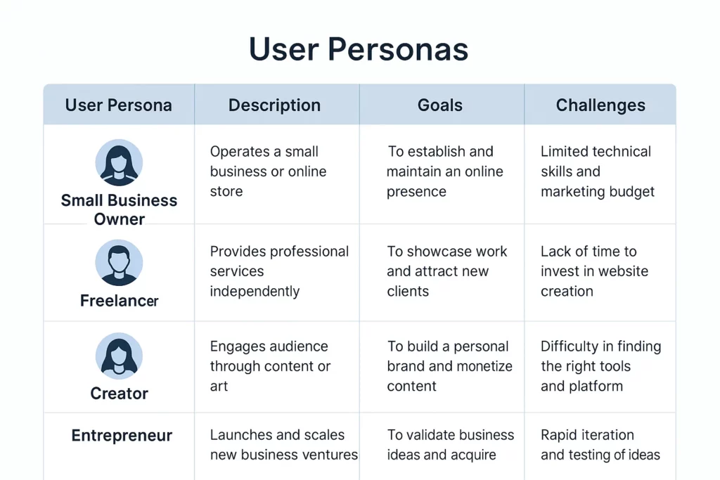 user persona matrix website builder app