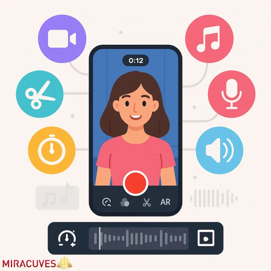 Mobile video editing app interface with icons for trimming, music, timer, and AR effects