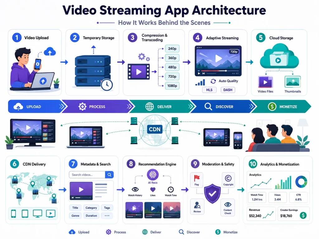Video streaming app architecture infographic showing video upload, temporary storage, transcoding, adaptive streaming, cloud storage, CDN delivery, search, recommendations, moderation, analytics, and monetization.