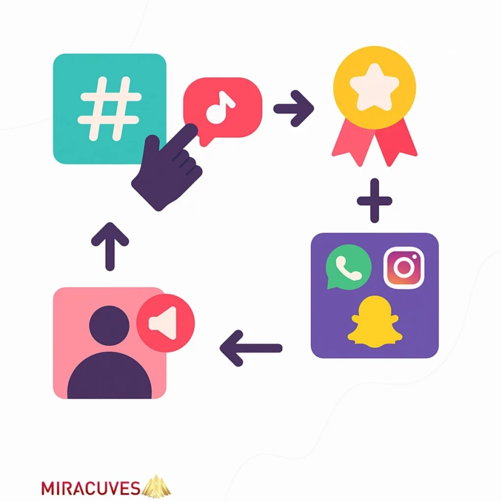 Infographic showing viral app growth loop through hashtag challenges, sharing, rewards, and referrals