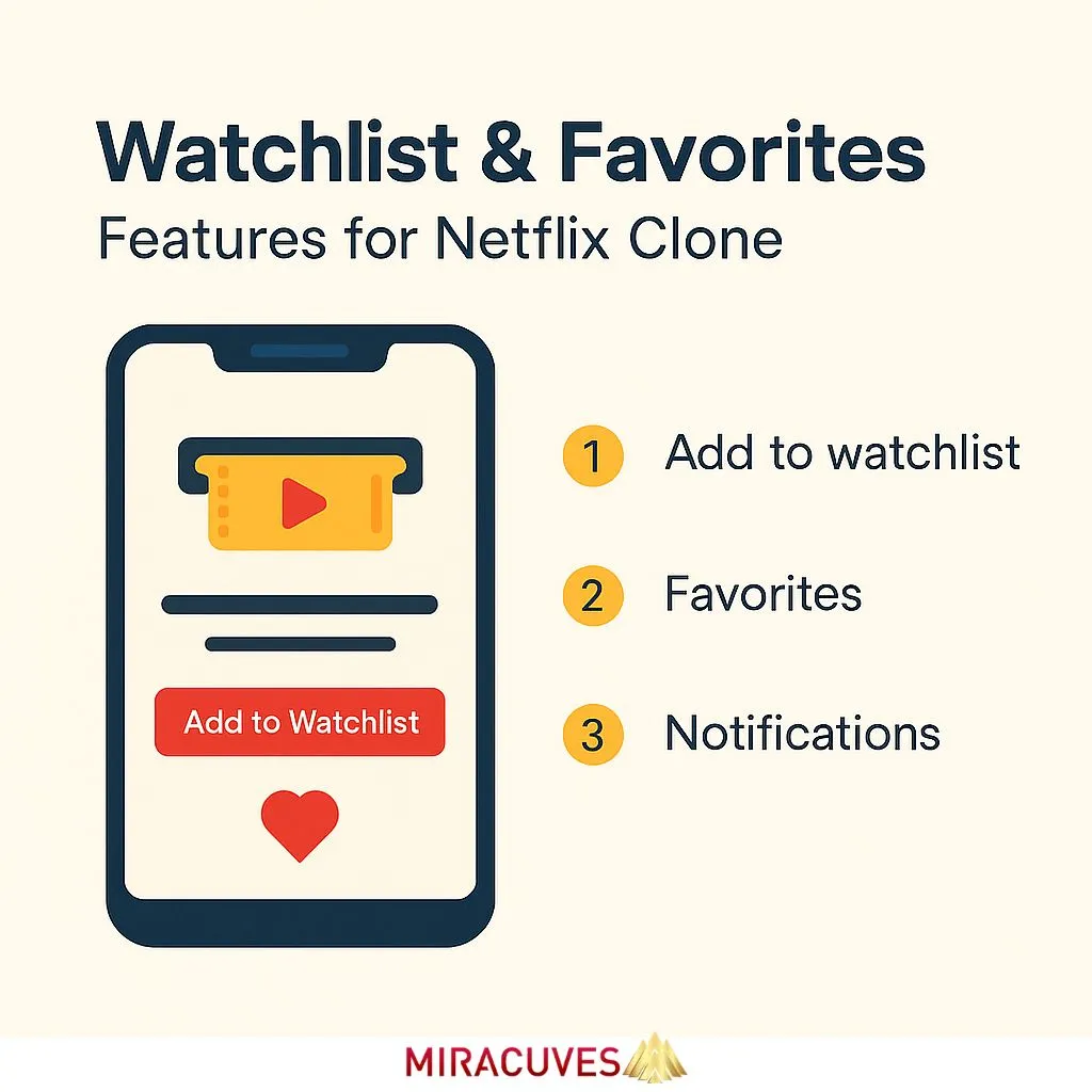 Netflix clone UI showing add to watchlist, favorites, and notification features