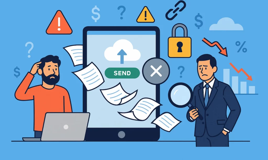 Illustration showing developers facing problems with wetransfer clone errors, security issues, and backend failures