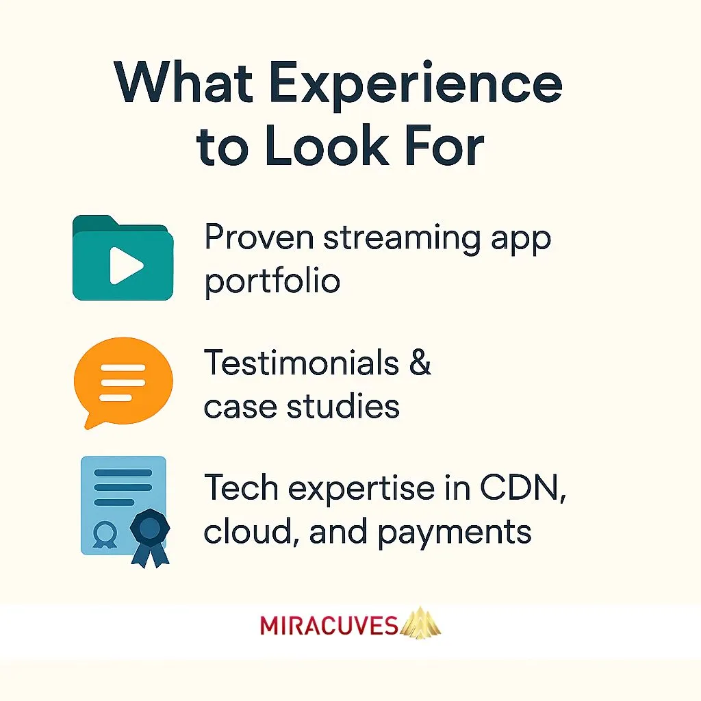 Checklist of key developer experience for Netflix clone apps including portfolio, testimonials, and tech stack expertise