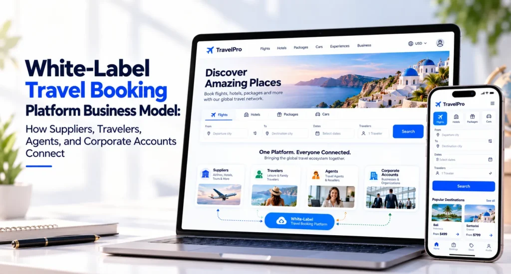 White-label travel booking platform business model showing suppliers, travelers, agents, corporate accounts, booking search, and connected travel workflows