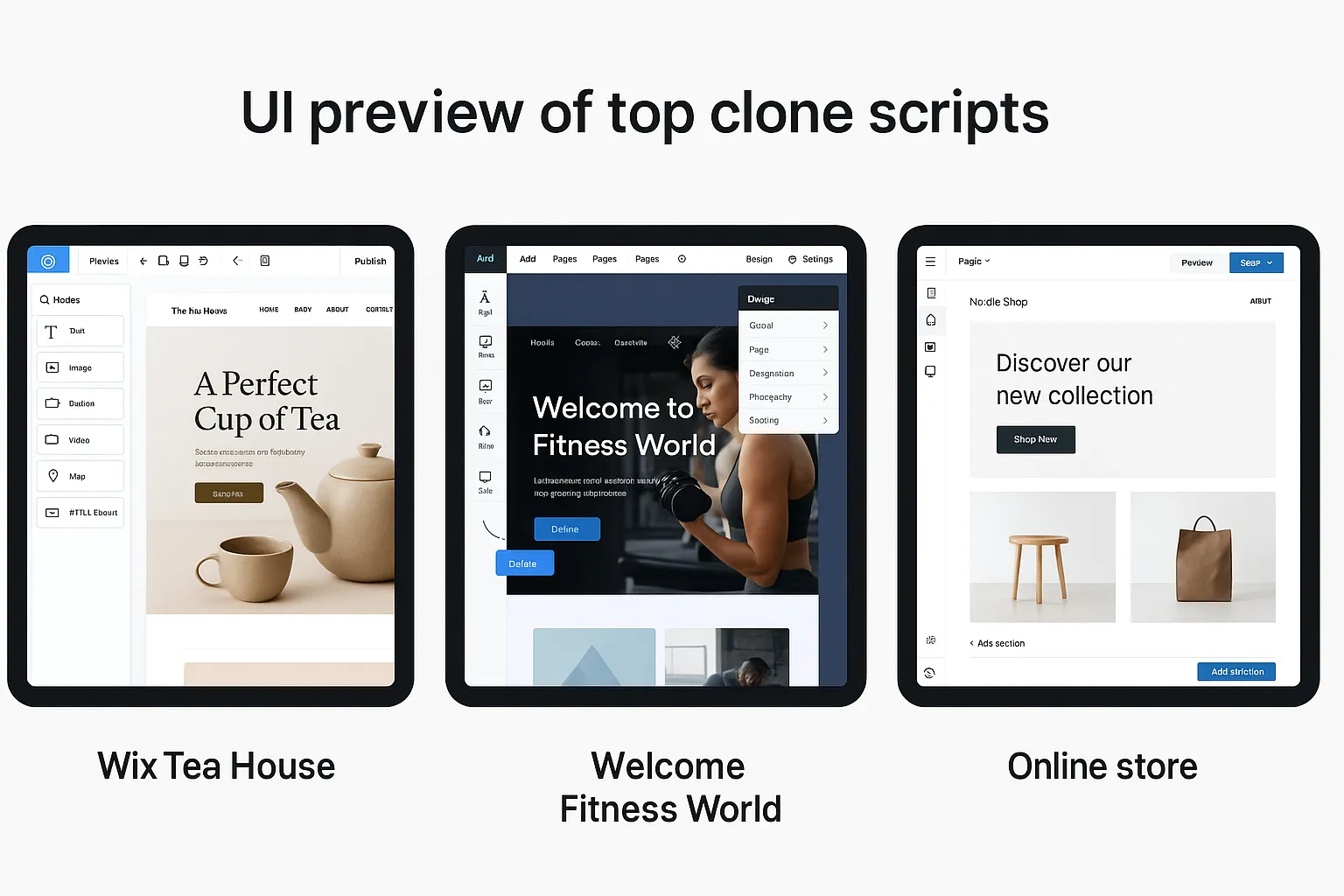 UI preview of top clone scripts: Wix Tea House with tea theme, Welcome Fitness World with fitness layout, and Online Store with e-commerce design