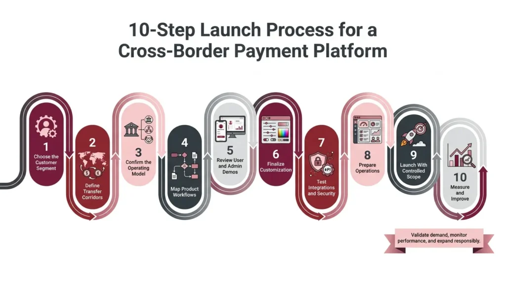 Ten-step launch process for a Wise-style cross-border payment platform from market selection to performance optimization.