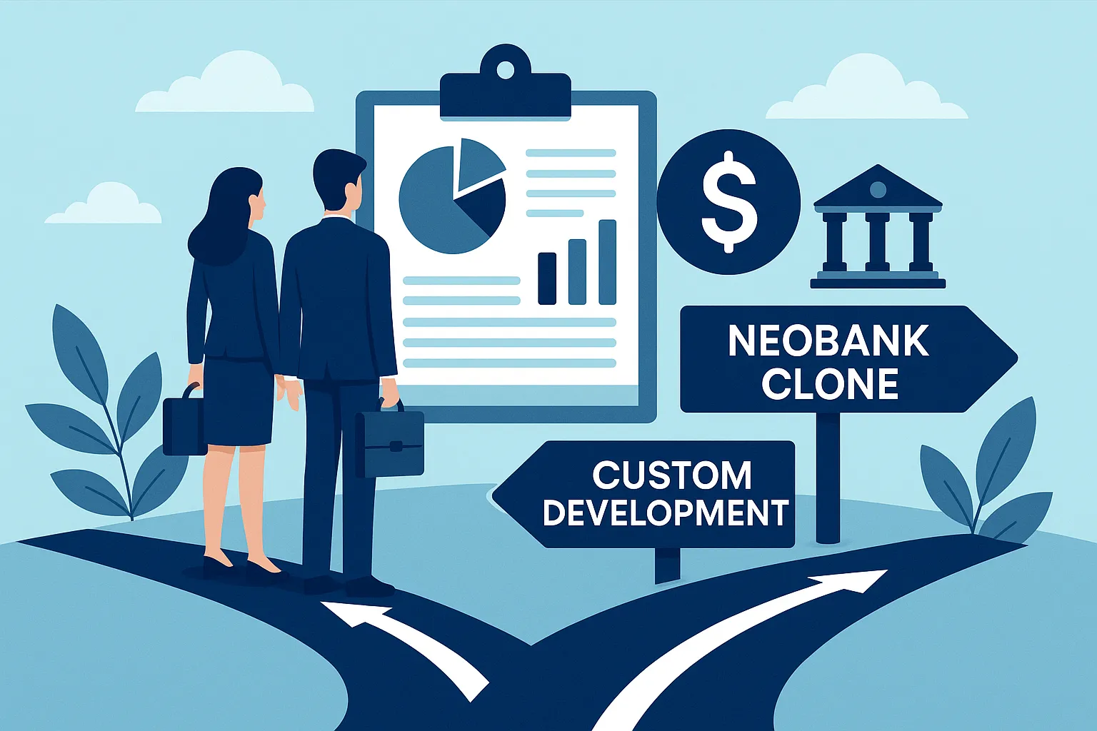 Creative flat-design visual showing a startup founder choosing a neobank clone over complex custom development.