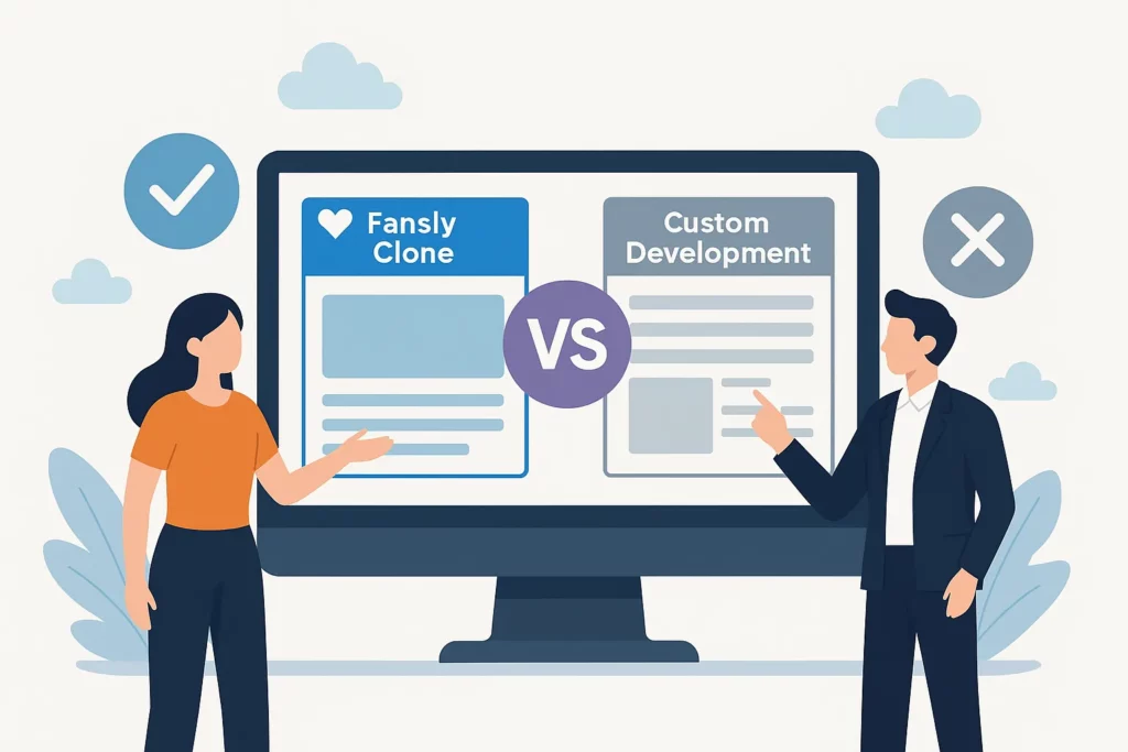 Creative illustration comparing a Fansly clone app launch versus custom app development