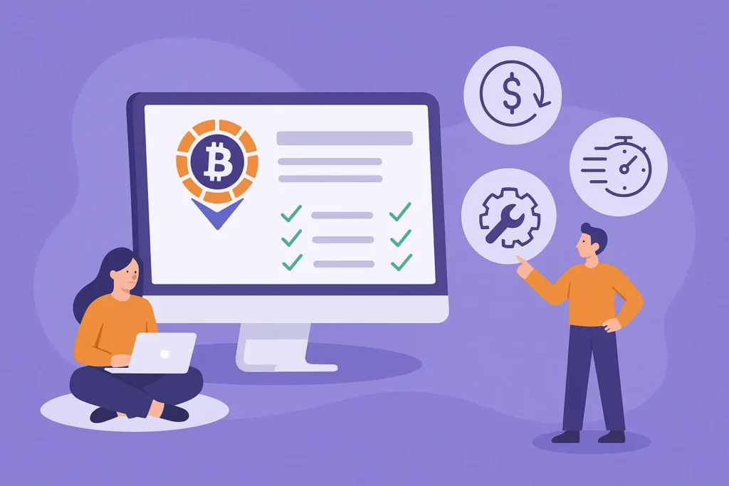A businessperson deciding between LocalBitcoins Clone on a laptop and custom development, with a large question mark in the middle
