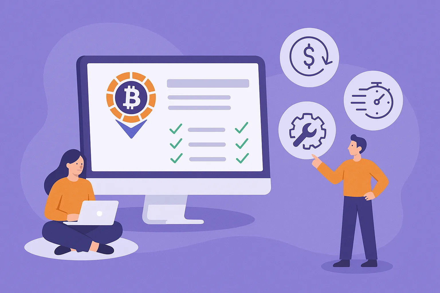 A businessperson deciding between LocalBitcoins Clone on a laptop and custom development, with a large question mark in the middle