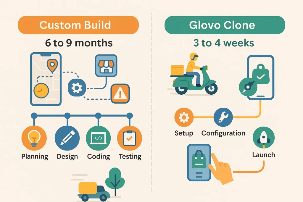 Timeline infographic comparing custom delivery app development to Glovo Clone deployment
