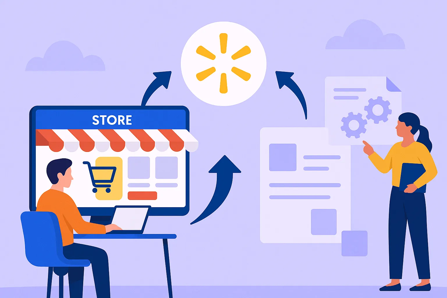 Creative feature image showing a startup founder choosing between custom development and Walmart clone