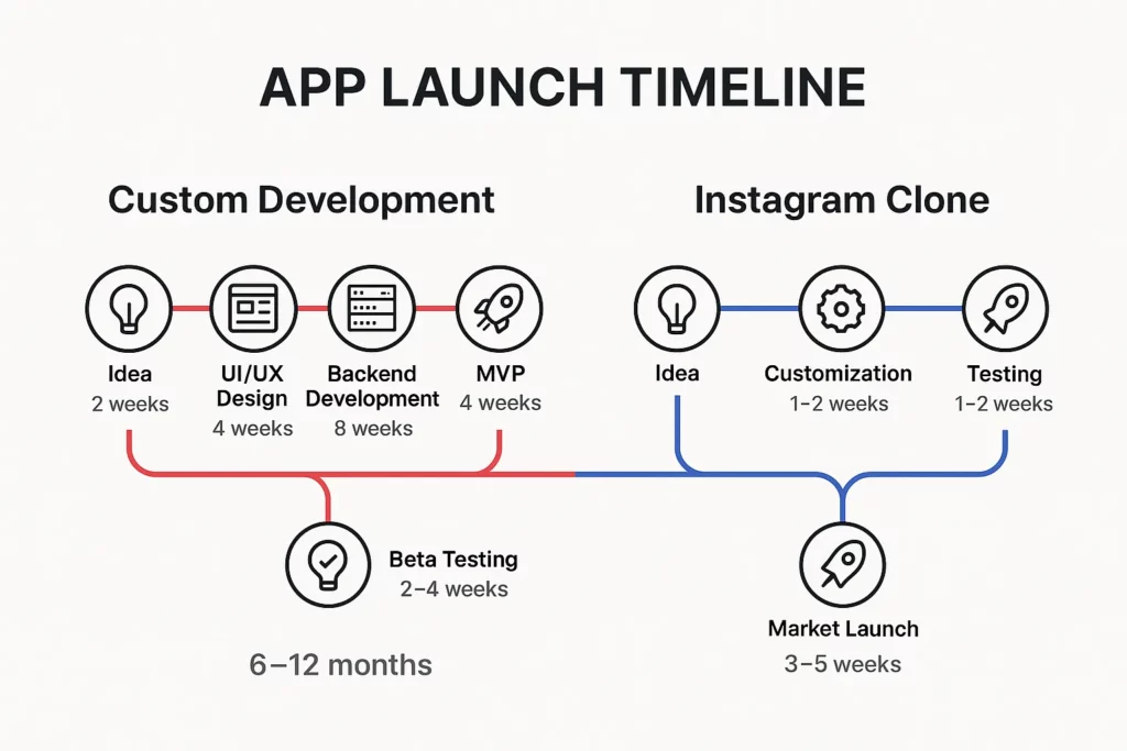 Infographic comparing custom social app development and Miracuves’ Instagram clone across time, cost, and effort.