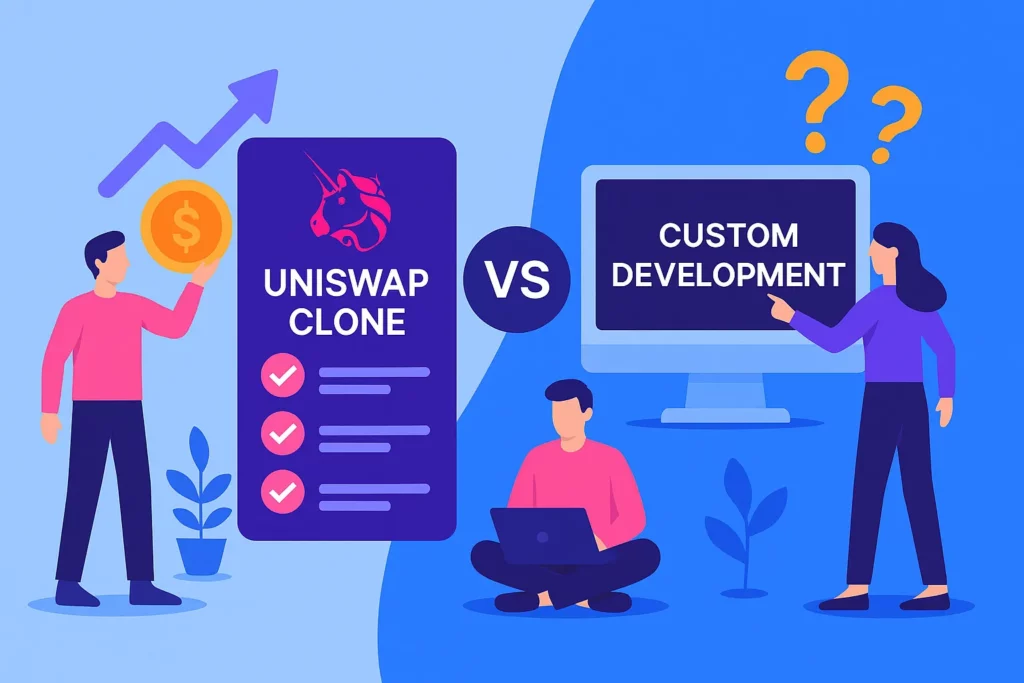 Digital illustration visualizing reasons startups choose Uniswap clone over custom development