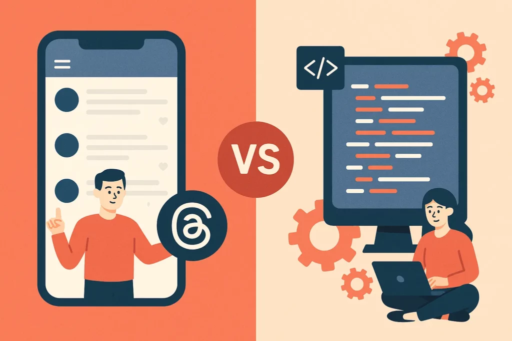 Illustration of a person weighing the choice between a Threads clone app and custom development