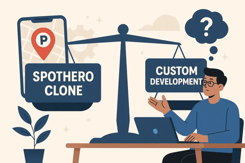 Businessman choosing between SpotHero clone and custom development for app launch