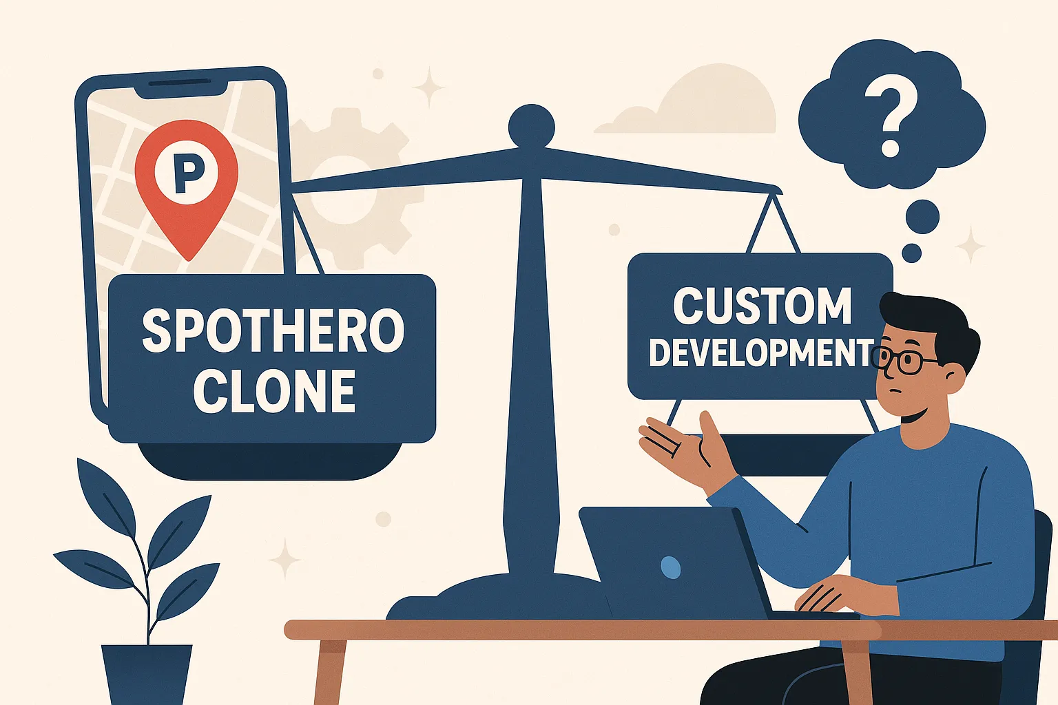 Businessman choosing between SpotHero clone and custom development for app launch