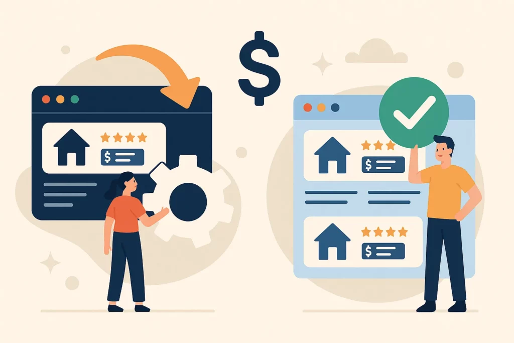 Young entrepreneur building a vacation rental platform with strategy icons 9flats clone .