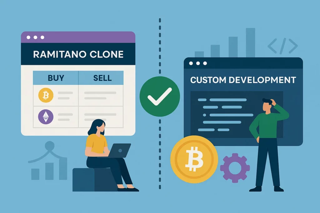 Illustration of a startup founder using a crypto trading platform on mobile and desktop with bitcoin, graphs, and app UI elements Ramitano Clone .